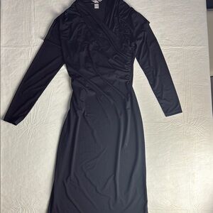 H&M Women's Black Stretch Faux Wrap Long Sleeve Midi Dress Size L